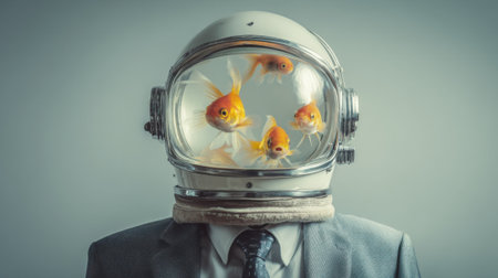 A man dressed in a suit wears an astronaut helmet containing goldfish, creating a surreal and thought-provoking contrast in a plain backdrop that emphasizes the unusual concept.の素材