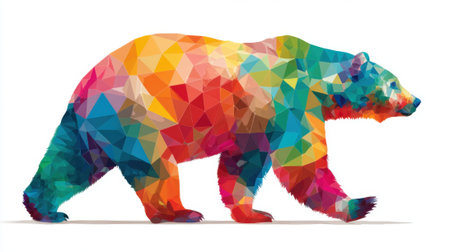 A vibrant bear walks gracefully across a stark white backdrop. The bear's body is composed of intricate geometric shapes filled with bright colors, creating a striking visual effect.の素材