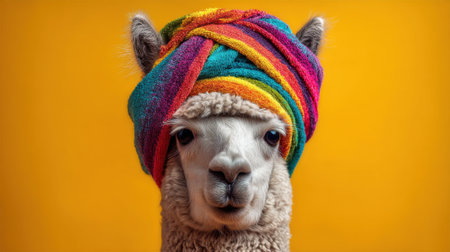A charming alpaca displays a vibrant, multicolored head wrap while facing the camera.の素材