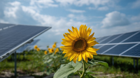 A vibrant sunflower stands tall next to solar panels under a clear blue sky. This scene highlights the intersection of nature and renewable energy, promoting sustainability.の素材