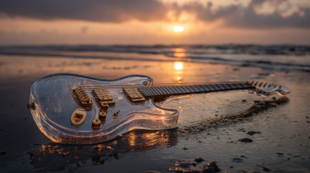 A transparent electric guitar sits on wet sand at a beach during sunset. Warm hues fill the sky, reflecting off the guitar, merging music and nature in a captivating moment.の素材