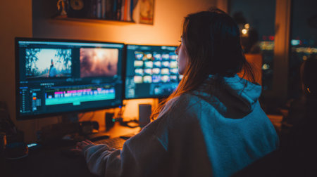 A person is focused on editing a video at their desk late at night. The workspace features dual monitors, displaying various clips and edits with a warm ambient glow enhancing concentration.の素材