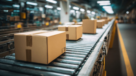 Boxes are efficiently traveling on a conveyor belt in a bustling warehouse environment. Workers are managing the shipping process while ensuring timely deliveries.の素材
