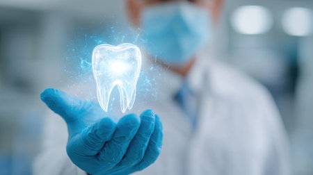 In a dental clinic, a healthcare provider wearing a mask and gloves showcases an illuminated tooth symbol, representing advanced dental health. The atmosphere is clean and clinical.の素材