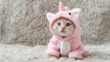 A small, fluffy kitten dressed in a pink unicorn outfit sits on a cozy, textured blanket. The playful expression highlights its innocent charm in a warm indoor setting.の素材