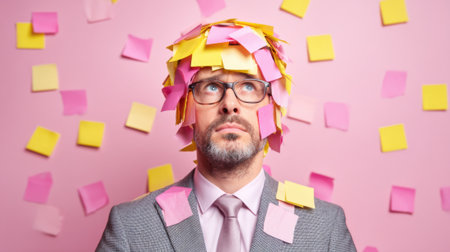 A man in a gray suit with glasses stands against a pink wall, adorned with colorful sticky notes on his head and shoulders, signifying a brainstorming or creative thinking moment.の素材
