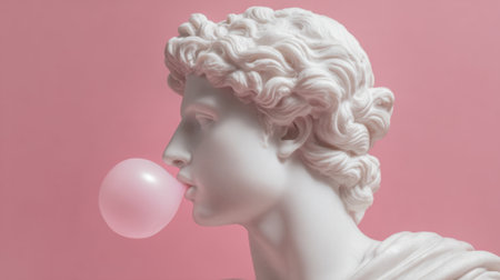 A marble statue depicting a young male figure is shown blowing a large bubble with pink bubblegum. The backdrop is a vibrant pink, adding contrast to the classic white marble texture.の素材