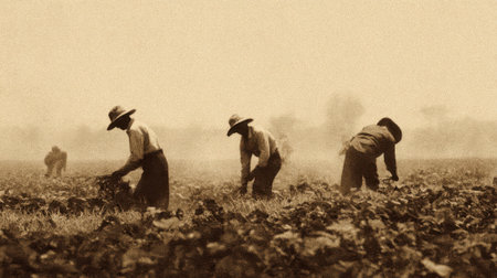 Four workers crop gathers in a dusty agricultural landscape during the warm afternoon. Dust clouds rise as they diligently cultivate the land under sun hats.の素材