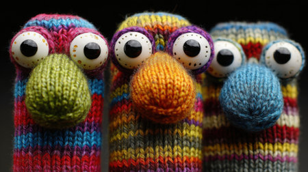 Three vibrant sock puppets stand close together, showing their unique patterns and large expressive eyes. Their cheerful colors bring joy and creativity to any setting, inviting fun play.の素材