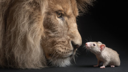 A lion and a small mouse face each other in a tense moment, showing the contrasting sizes and nature of these animals. The setting is dark, adding intensity to the experience.の素材