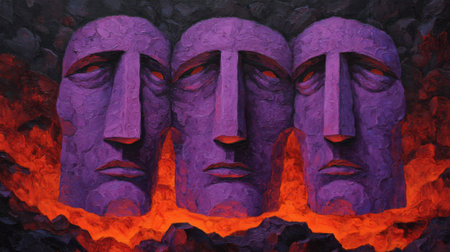 Three oversized purple stone faces emerge from a fiery orange backdrop, illustrating an imaginative blend of sculpture and color. The artwork captivates with its unique design and vibrant tones.の素材