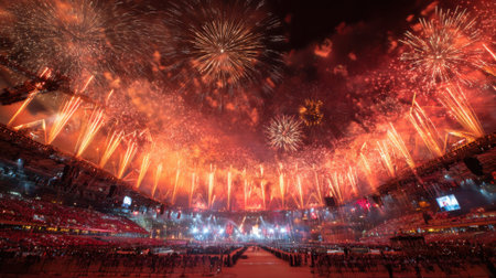 Spectators gather in the stadium at night, witnessing a dazzling display of fireworks lighting up the sky in vibrant colors, celebrating a significant event. The atmosphere buzzes with excitement.の素材