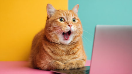 A surprised orange cat sits in front of a laptop, its mouth open in awe. The vibrant background features contrasting yellow and turquoise panels that add whimsy to the scene.の素材