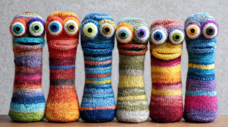 A collection of vibrant sock puppets with unique features stands in a row, showing different colors and patterns. This cheerful display encourages creativity and artistic expression.の素材
