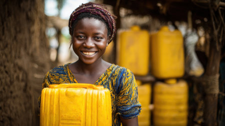 A young girl stands proudly holding a yellow water container, smiling brightly. She is in a rural village surrounded by earth-toned structures and additional containers in the background.の素材