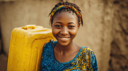 A young girl with braided hair carries a yellow water container, showing a bright smile. She wears a colorful patterned garment in a sunny rural area, reflecting happiness and resilience.の素材