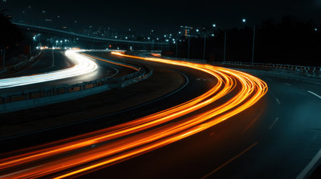 Long exposure captures vibrant streaks of light from vehicles traveling at night on a busy highway. The city skyline glows in the background, creating a dynamic urban atmosphere.の素材