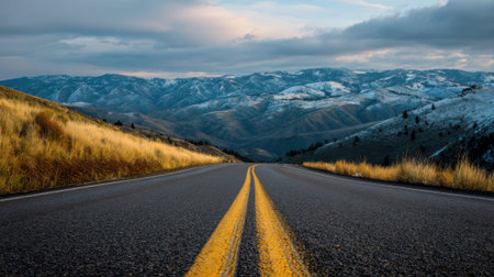 A smooth road stretches ahead, bordered by dry grass, with snow-capped mountains rising majestically in the background under a cloudy sky at sunset.の素材