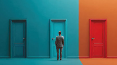 A person dressed in formal attire stands in front of three distinct doors painted in blue, orange, and red. This setting symbolizes the act of making significant choices in life.の素材
