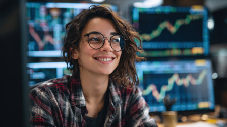 A young woman with curly hair sits at her desk smiling, surrounded by multiple computer screens displaying stock market graphs and data in a financial office setting.の素材