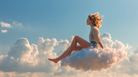 A woman enjoys a serene moment seated on a fluffy cloud while surrounded by colorful clouds during sunset. Her relaxed pose captures a sense of tranquility and wonder.の素材