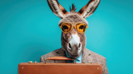 A donkey dressed in a checked suit and bright sunglasses poses with a briefcase. The vibrant blue background adds a playful touch to the comical scene at an unspecified time.の素材