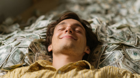 A man lies back on a spread of cash, smiling with satisfaction. The indoor space has soft lighting, reflecting a carefree moment with money surrounding him.の素材
