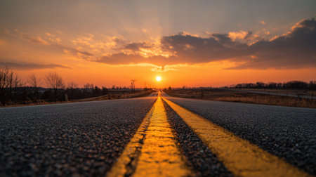 The sunlight casts a warm glow over the distant horizon, illuminating the sky with orange and yellow hues as the road stretches into the distance on a tranquil evening.の素材