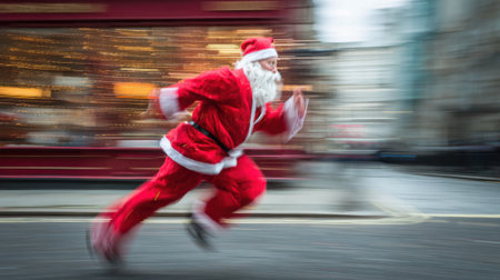 A man dressed as Santa Claus dashes through a bustling city street adorned with festive lights. The atmosphere is lively as people prepare for the holiday celebrations.の素材