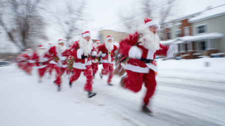 A group of cheerful individuals dressed as Santa Claus runs energetically along a snow-covered street. The cold winter day adds to the festive atmosphere as they participate in a joyful holiday event.の素材