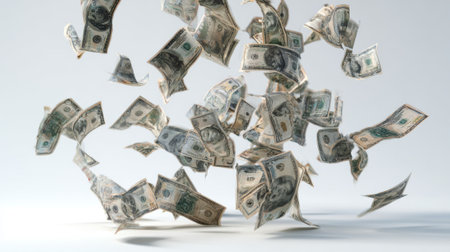 Multiple currency bills are suspended in the air, swirling around in a carefree manner against a light background, symbolizing wealth and financial abundance.の素材