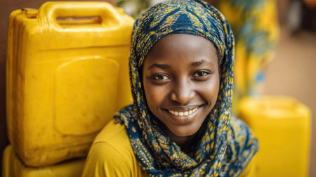 A smiling girl with a colorful headscarf sits comfortably next to yellow water containers outside. The warm afternoon light enhances her joyful expression and vibrant outfit.の素材