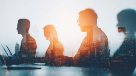 Professionals are working together in a bright office environment. Silhouettes of individuals can be seen, focusing on their tasks while a city skyline glows in the background.の素材