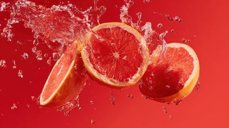 Juicy grapefruit halves are bursting into water droplets against a striking red backdrop, showing their freshness and vibrant color contrast.の素材
