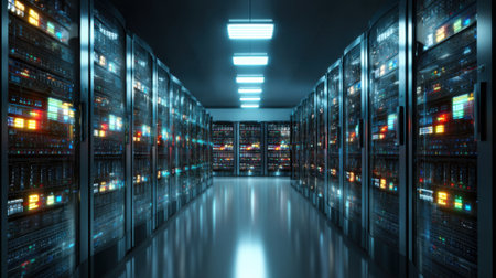A modern server room features rows of sleek servers with colorful lights. The atmosphere is illuminated by cool blue lighting, creating a futuristic environment for data management.の素材