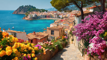 A charming village overlooking a turquoise sea features colorful flowers lining a stone path. The bright buildings reflect a warm sun under clear skies, creating a serene atmosphere.の素材