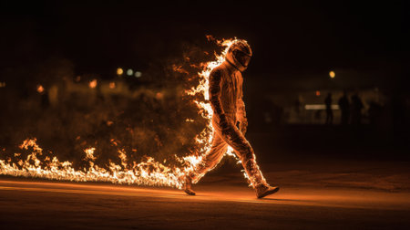 A mesmerizing fire performer walks briskly on a racing track at night, engulfed in flames that create a stunning visual effect. The atmosphere is charged with excitement and thrill.の素材