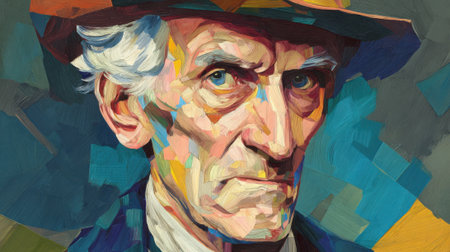 An elderly gentleman with deep-set eyes and a stern expression gazes thoughtfully at the viewer. He wears a hat and is surrounded by vibrant, abstract colors that enhance his features.の素材
