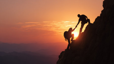 Two climbers navigate a steep rock face during sunset, one reaching out to help the other while the sun casts a warm glow on the horizon.の素材