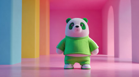 A charming panda character wearing a green outfit poses confidently in a brightly lit, colorful indoor setting, showing various pastel hues in the background.の素材