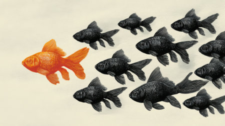 An orange goldfish stands out while swimming in a different direction from a school of black goldfish, symbolizing individuality amidst conformity.の素材