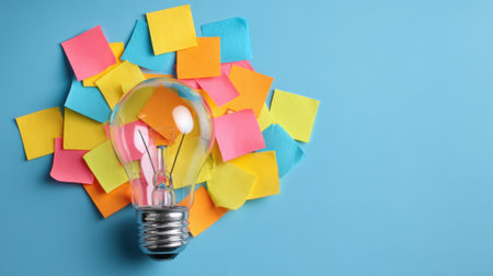 A bright light bulb is positioned amidst a vibrant array of sticky notes in various shades, highlighting themes of creativity and brainstorming in a workspace setting.の素材