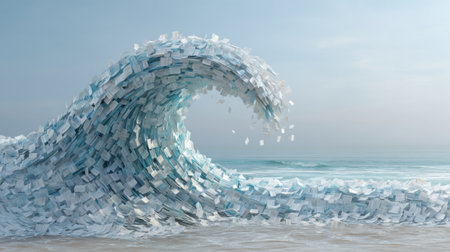 An artistic wave composed of scattered paper sheets surges towards the shore under a clear sky. The beach setting showcases tranquility with gentle sea waves and soft sand.の素材