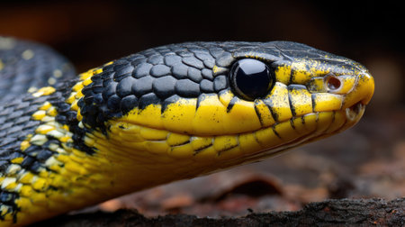 A bright yellow and black snake is positioned on a bed of brown leaves. The animal's scales glisten under soft light, showcasing its striking colors in a natural forest setting.の素材