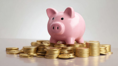 A pink piggy bank rests atop a mound of shiny coins, emphasizing the concept of saving money. This visual representation highlights financial management and savings culture.の素材