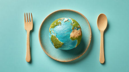 A colorful globe resembling Earth sits on a plate surrounded by wooden utensils.の素材