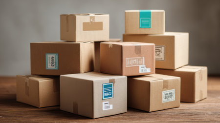 Cardboard boxes of various sizes are stacked on a wooden surface. The setting is indoors with soft lighting, suggesting a storage or unpacking activity.の素材