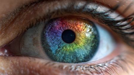 A close view of a human eye displays a striking blend of rainbow colors within the iris. The image highlights intricate details and textures, showcasing vibrant hues.の素材