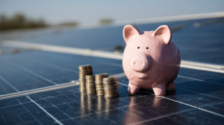 A piggy bank stands next to stacks of coins, symbolizing savings. Solar panels reflect the sunlight, emphasizing eco-friendly energy use and financial benefits.の素材