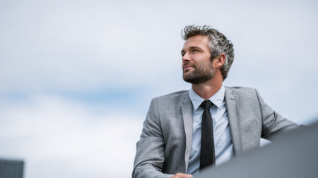 A confident man in a suit with a tie sits outdoors, contemplating while looking up at the sky in a modern urban environment on a clear day.の素材